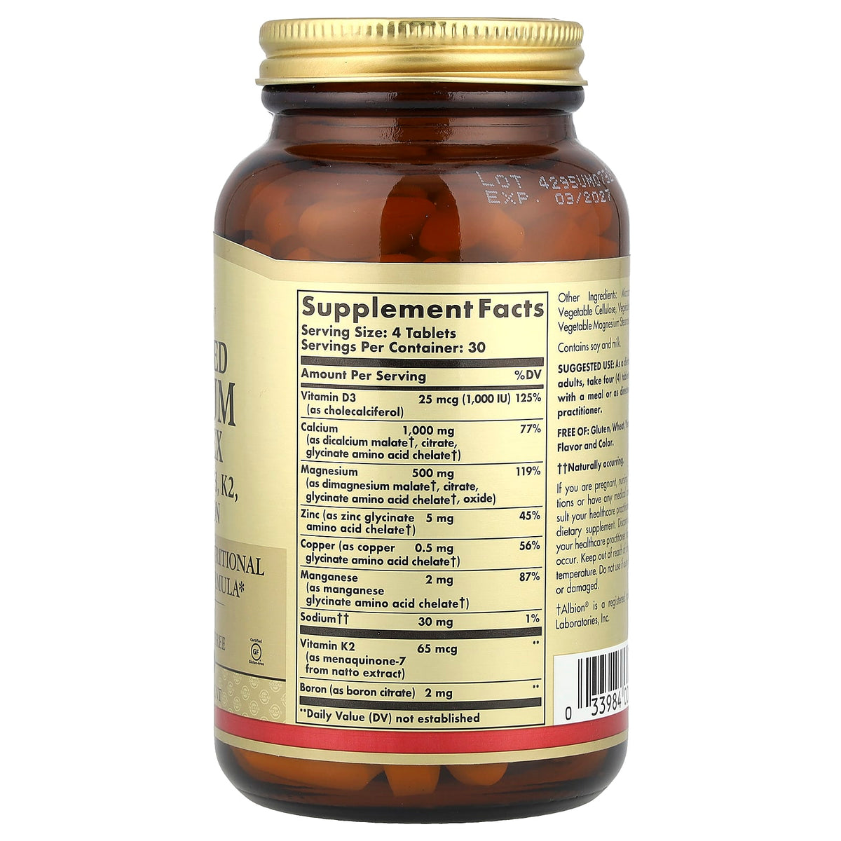 Solgar Advanced Calcium Complex + Vitamins D3, K2, Zinc, Boron, 120 Tablets - view 2