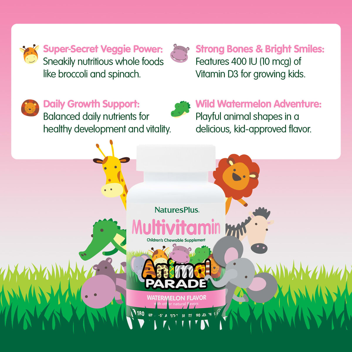 NaturesPlus Animal Parade Kids Multivitamin, Watermelon, 180 Tablets - view 4