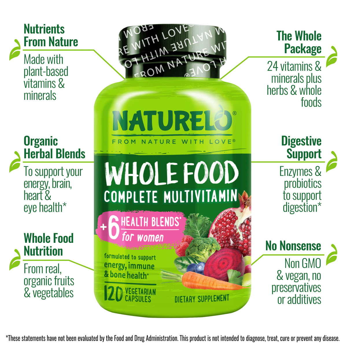 NATURELO Whole Food Complete Multivitamin for Women, 120 Vegetarian Capsules - view 4