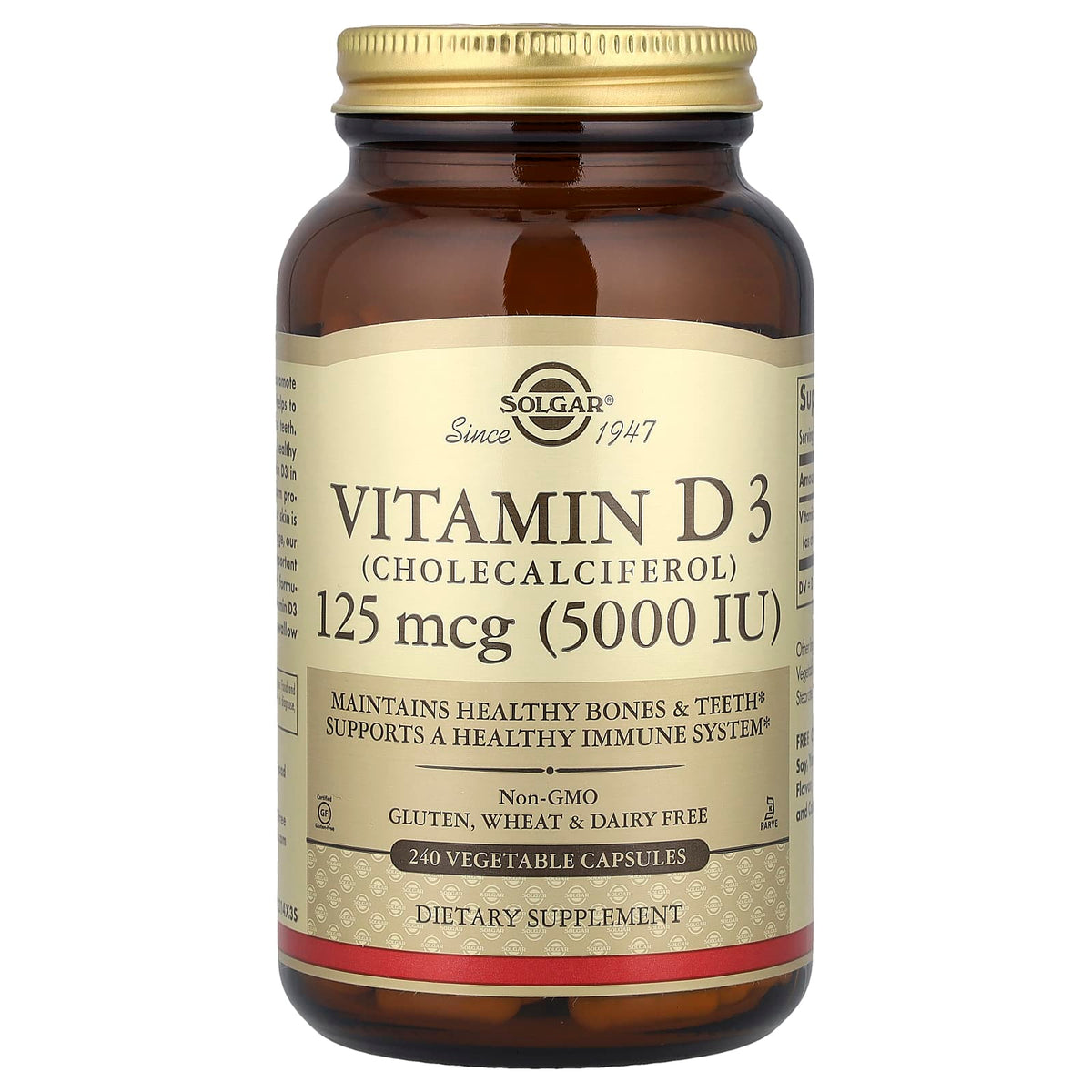 Solgar Vitamin D3 (Cholecalciferol), 125 mcg (5,000 IU), 240 Vegetable Capsules — product view