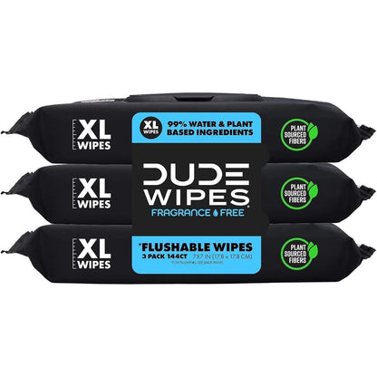 Dude Wipes Flushable Wet Wipes Dispenser (3 Packs 48 Wipes), Unscented Wet Wipes with Vitamin-E & Aloe for At-Home Use, Septic and Sewer Safe