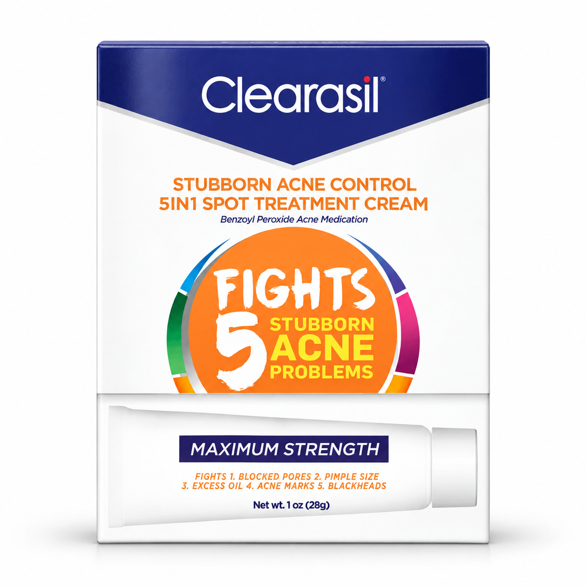 Clearasil Stubborn Acne Control 5-in-1 Cream 10% Benzoyl Peroxide 28 g - box and tube front view