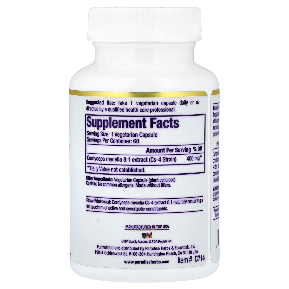 Paradise Herbs Cordyceps, 60 Vegetarian Capsules (400 mg per Capsule) - view 2