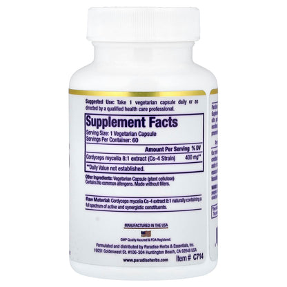 Paradise Herbs Cordyceps, 60 Vegetarian Capsules (400 mg per Capsule) - view 2