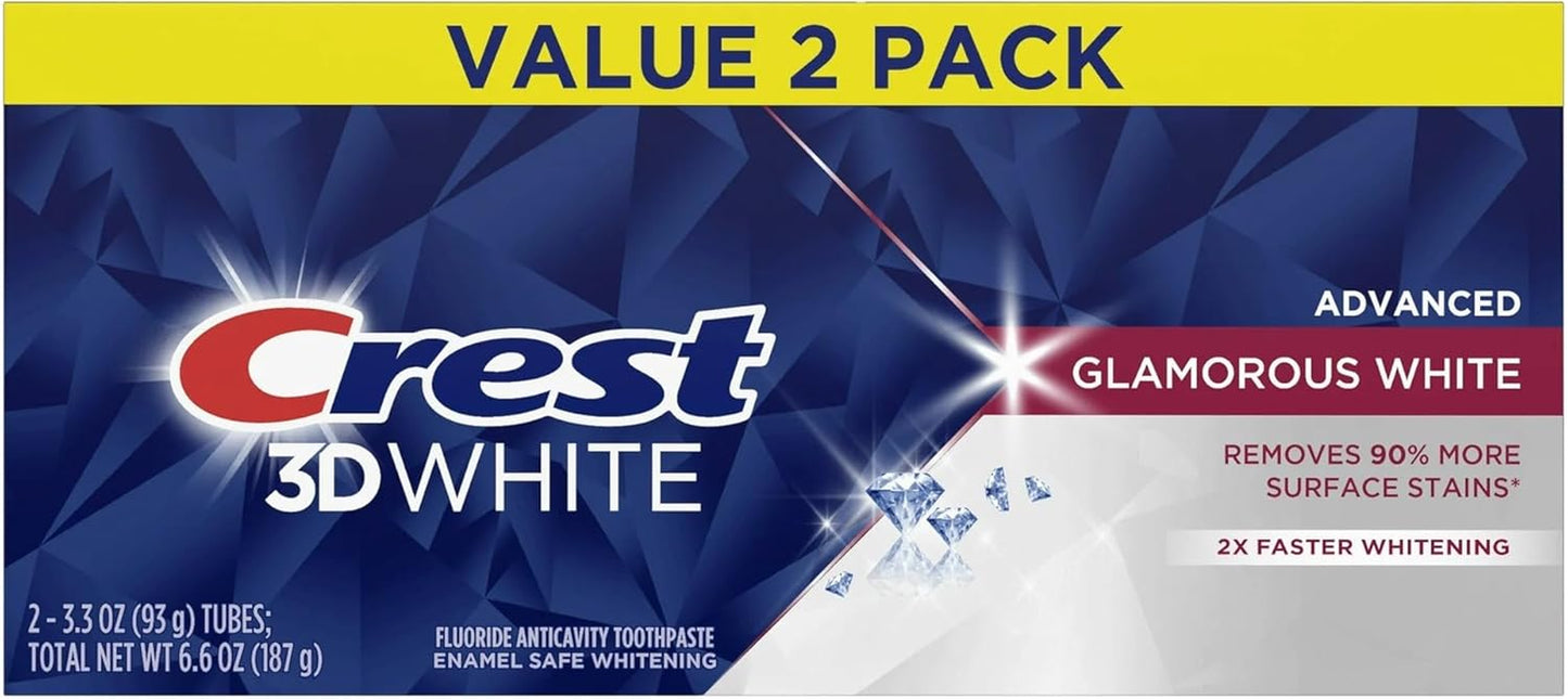 Crest 3D White Advanced Glamorous White Teeth Whitening Toothpaste, 3.3 Oz, Pack of 2