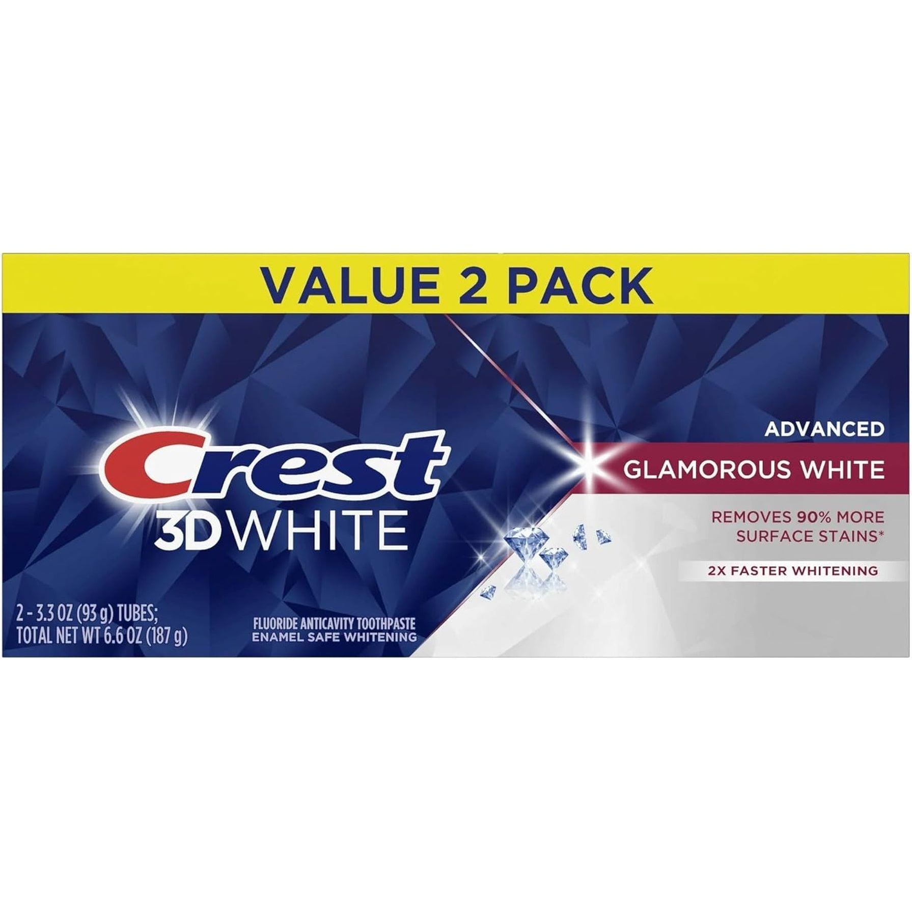 Crest 3D White Advanced Glamorous White Teeth Whitening Toothpaste, 3.3 Oz, Pack of 2