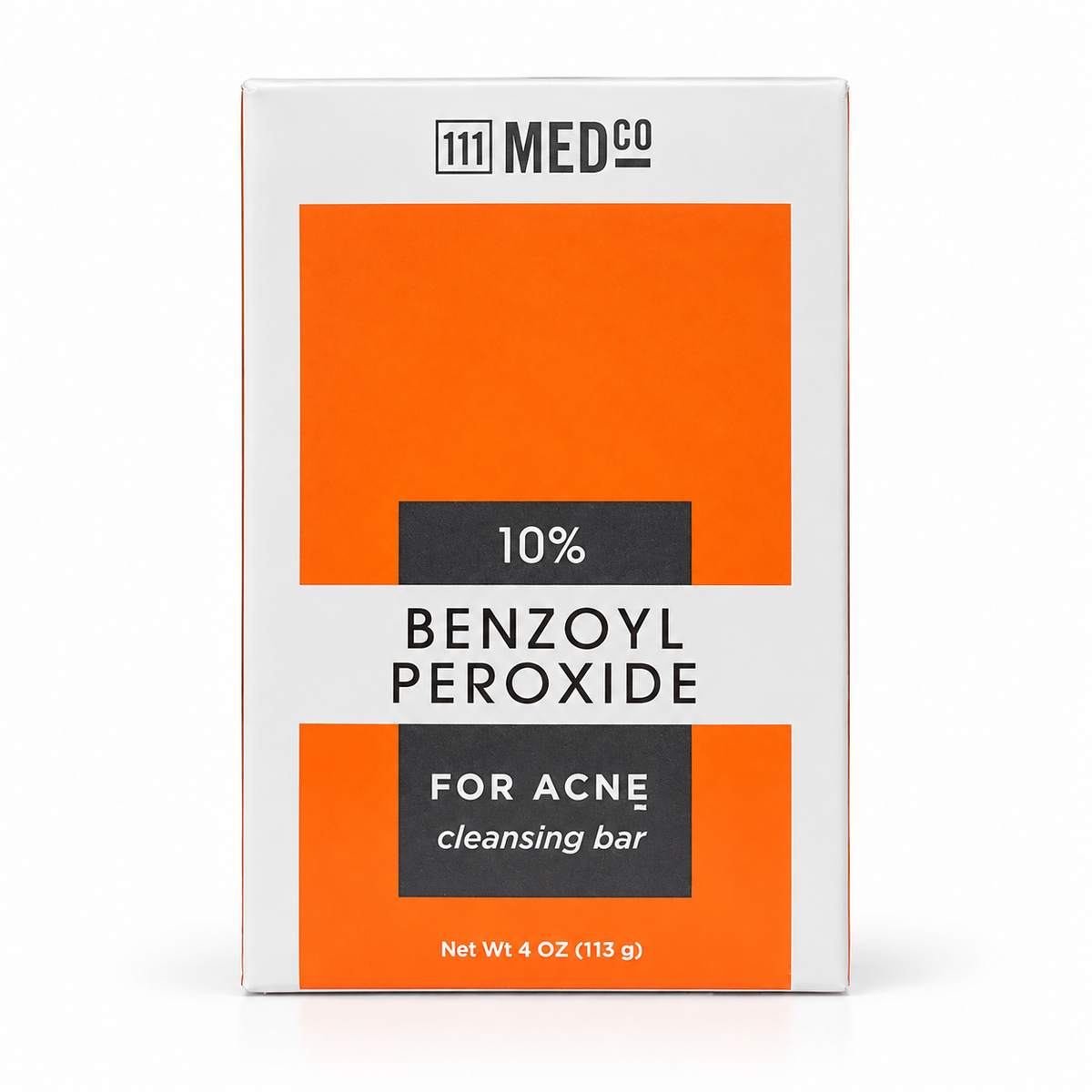 111MedCo Benzoyl Peroxide Cleansing Bar 10% 113 g - Front of product box showing brand and description
