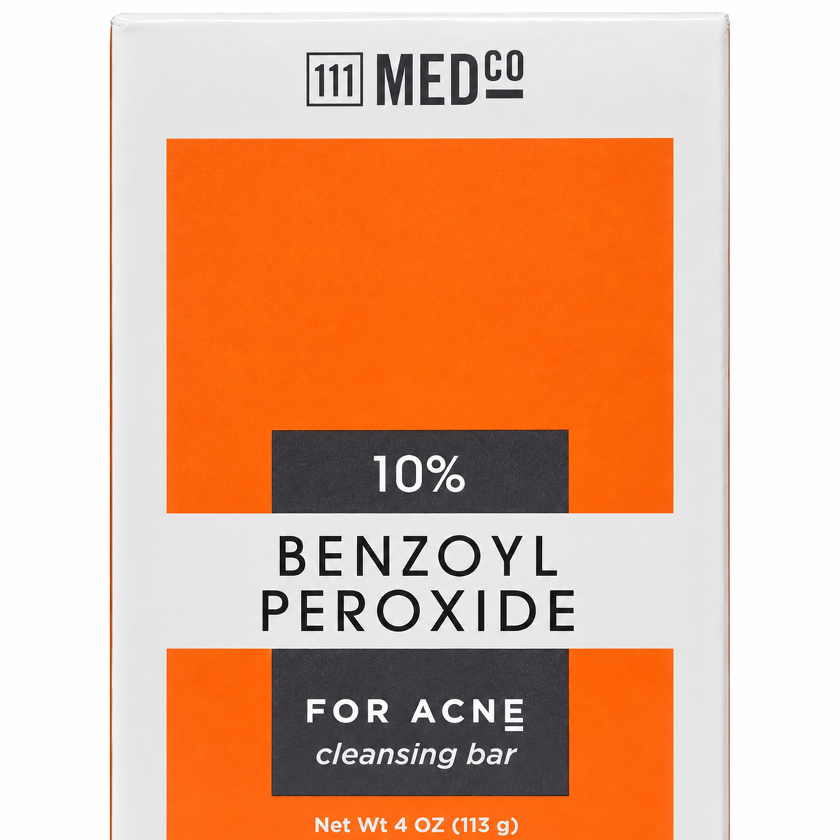 111MedCo Benzoyl Peroxide Cleansing Bar 10% 113 g - Front of product packaging box