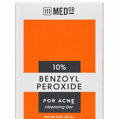 111MedCo Benzoyl Peroxide Cleansing Bar 10% 113 g - Front of product packaging box
