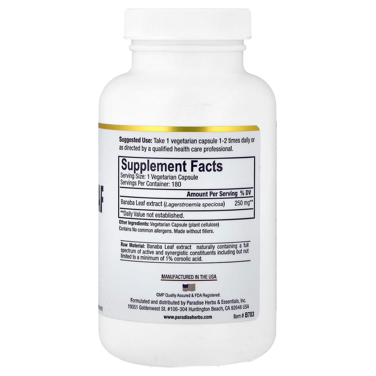 Paradise Herbs Banaba Leaf Extract, 250 mg, 180 Vegetarian Capsules — alternate product view