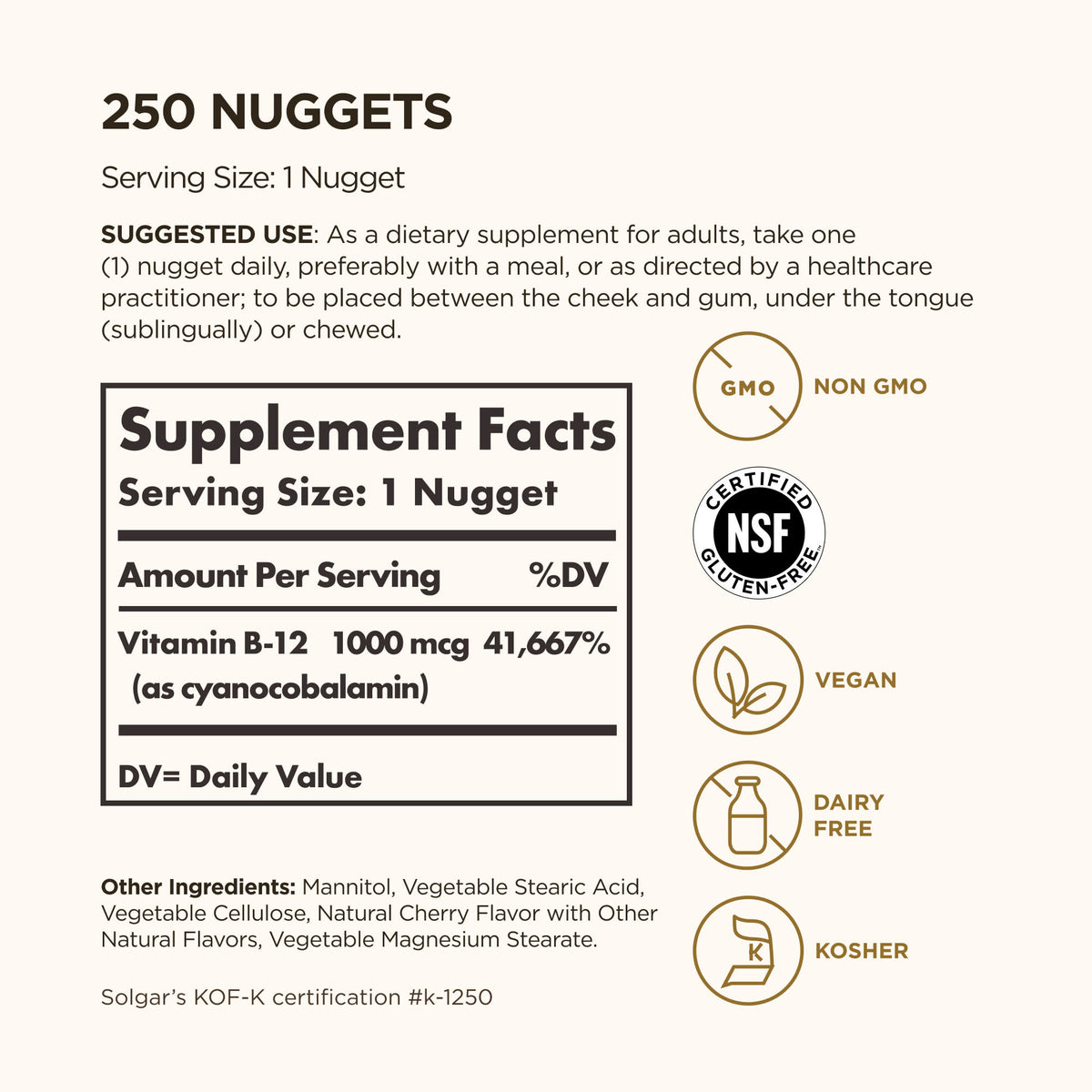 Solgar Vitamin B12 Sublingual 1,000 mcg, 250 Nuggets - view 3