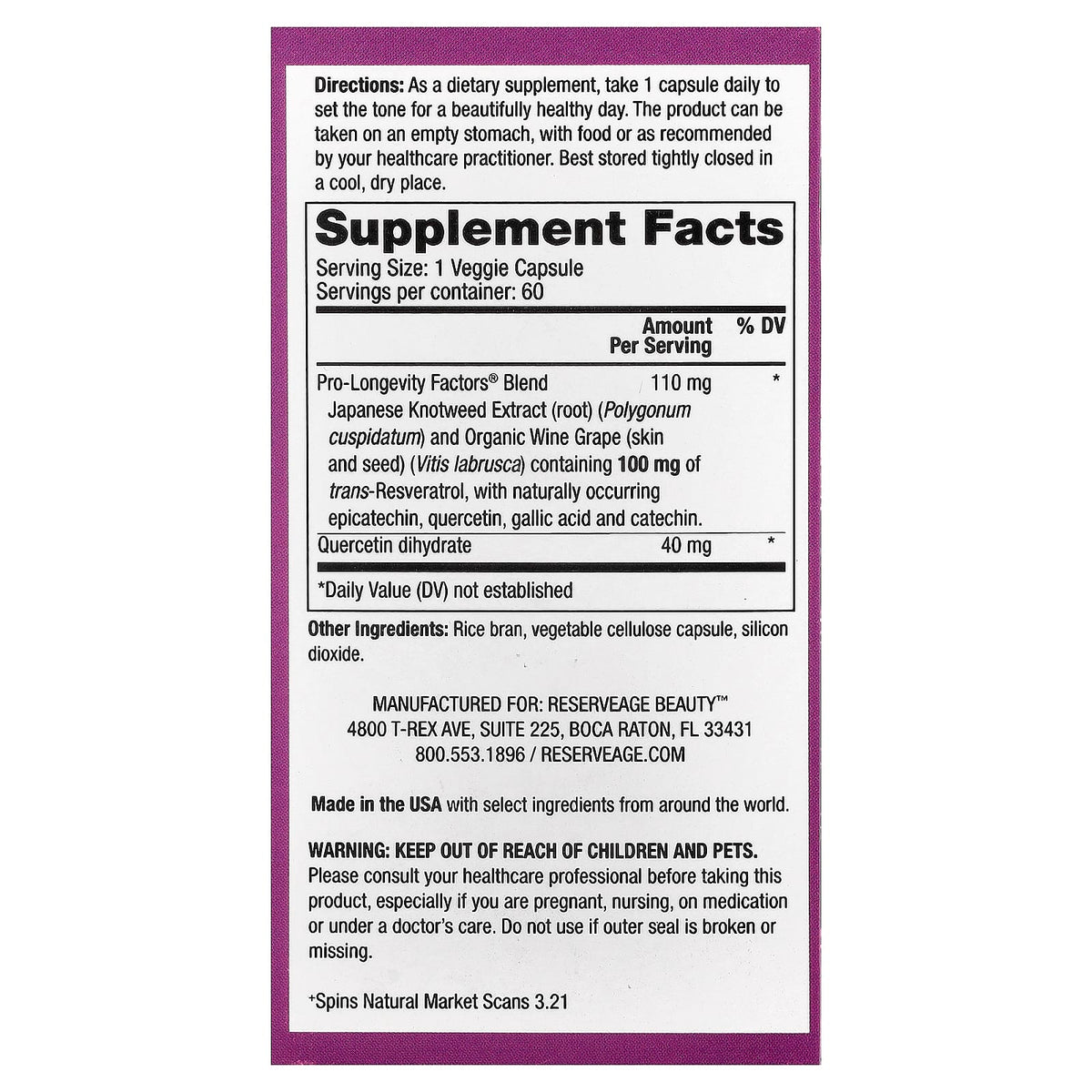 Reserveage Beauty Resveratrol 100 mg, 60 Vegetarian Capsules - view 2
