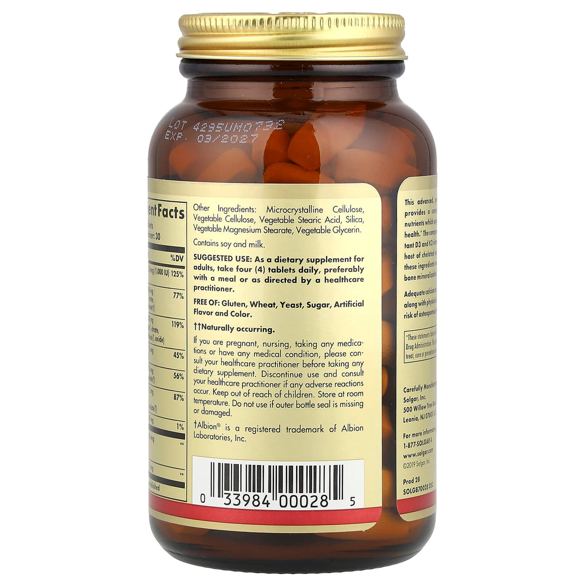 Solgar Advanced Calcium Complex + Vitamins D3, K2, Zinc, Boron, 120 Tablets - view 3