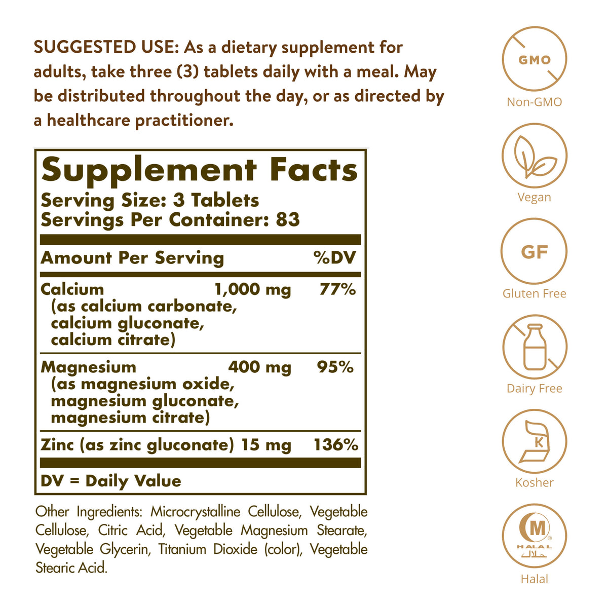 Solgar Calcium Magnesium Plus Zinc, 250 Tablets - view 3