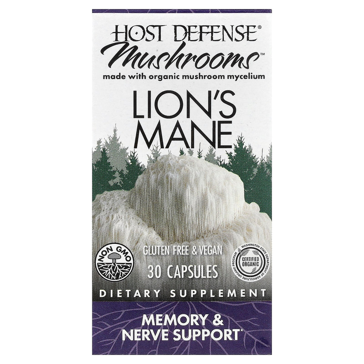 Host Defense Mushrooms Lion's Mane, 30 Capsules (0.5 g per Capsule)