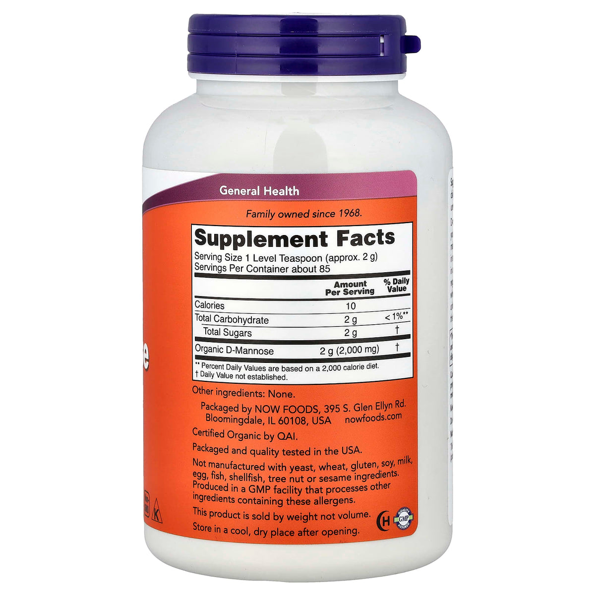 NOW Foods Certified Organic D-Mannose Pure Powder, 170 g (6 oz) — alternate product view