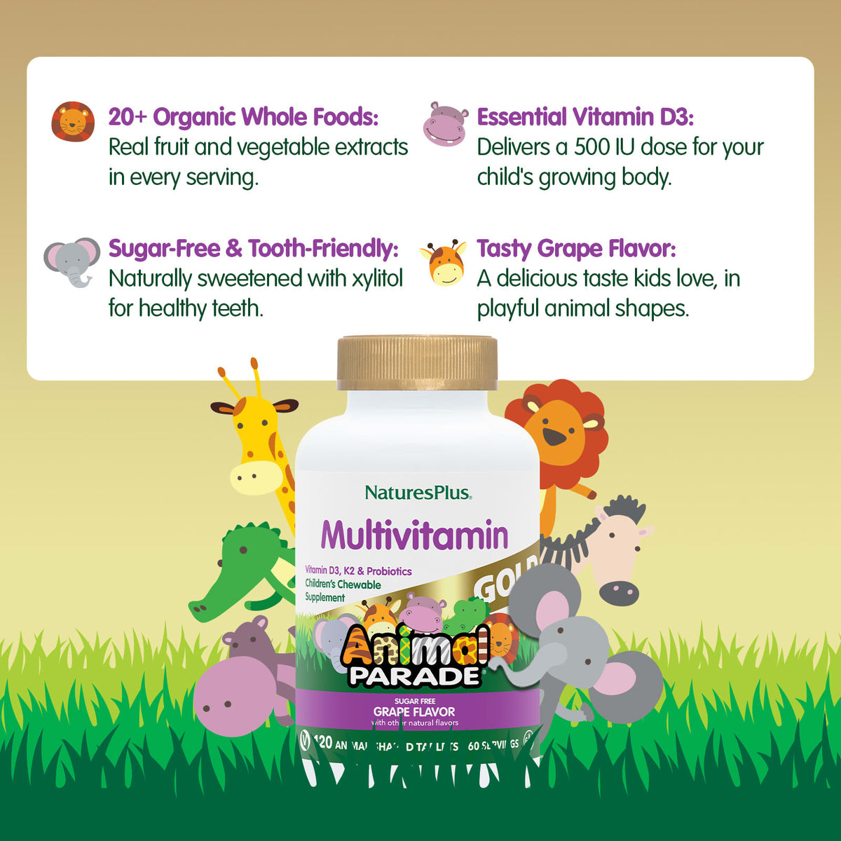 NaturesPlus Animal Parade Gold Children's Multivitamin, Grape, 120 Chewables - view 4