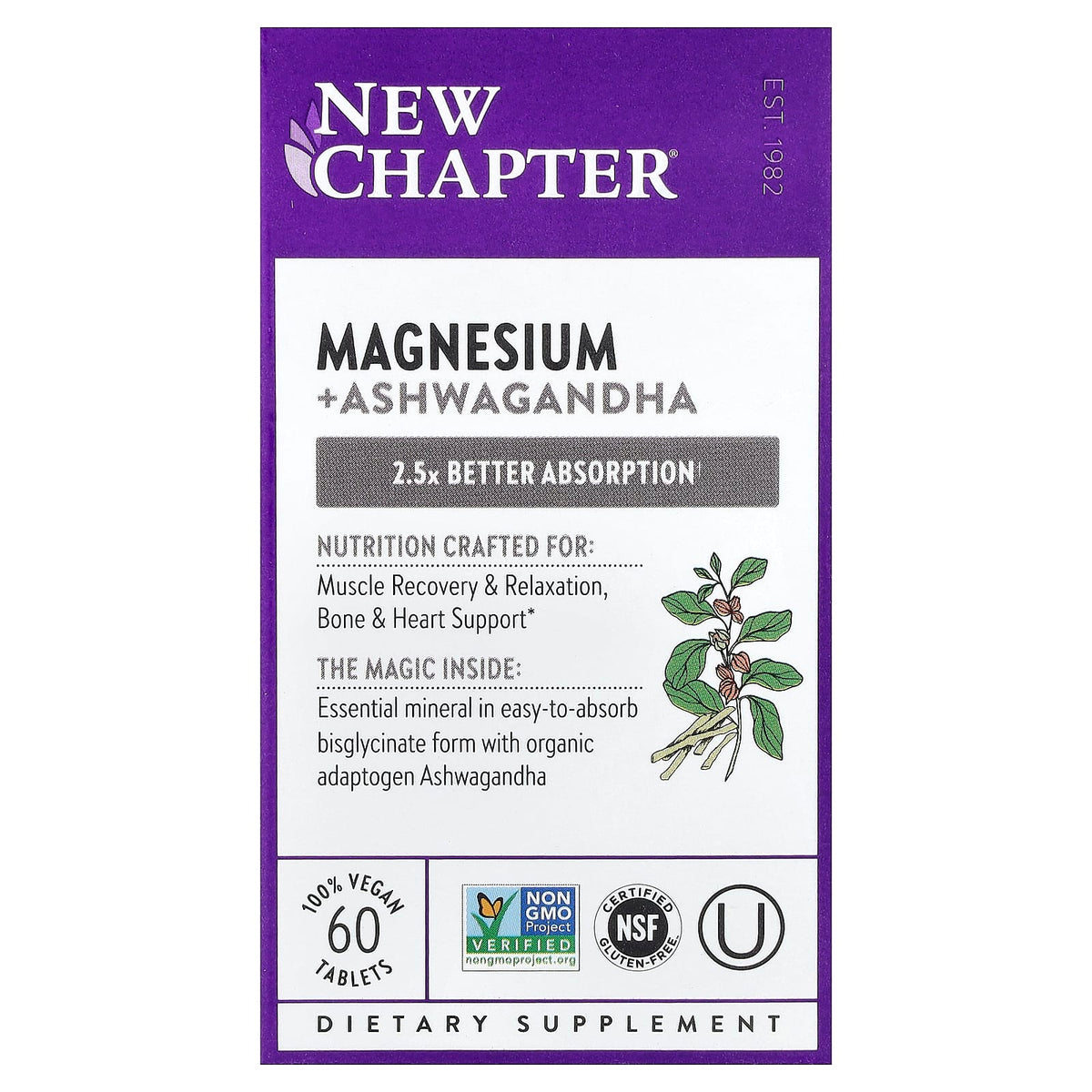 New Chapter Magnesium + Ashwagandha, 60 Vegan Tablets — product view