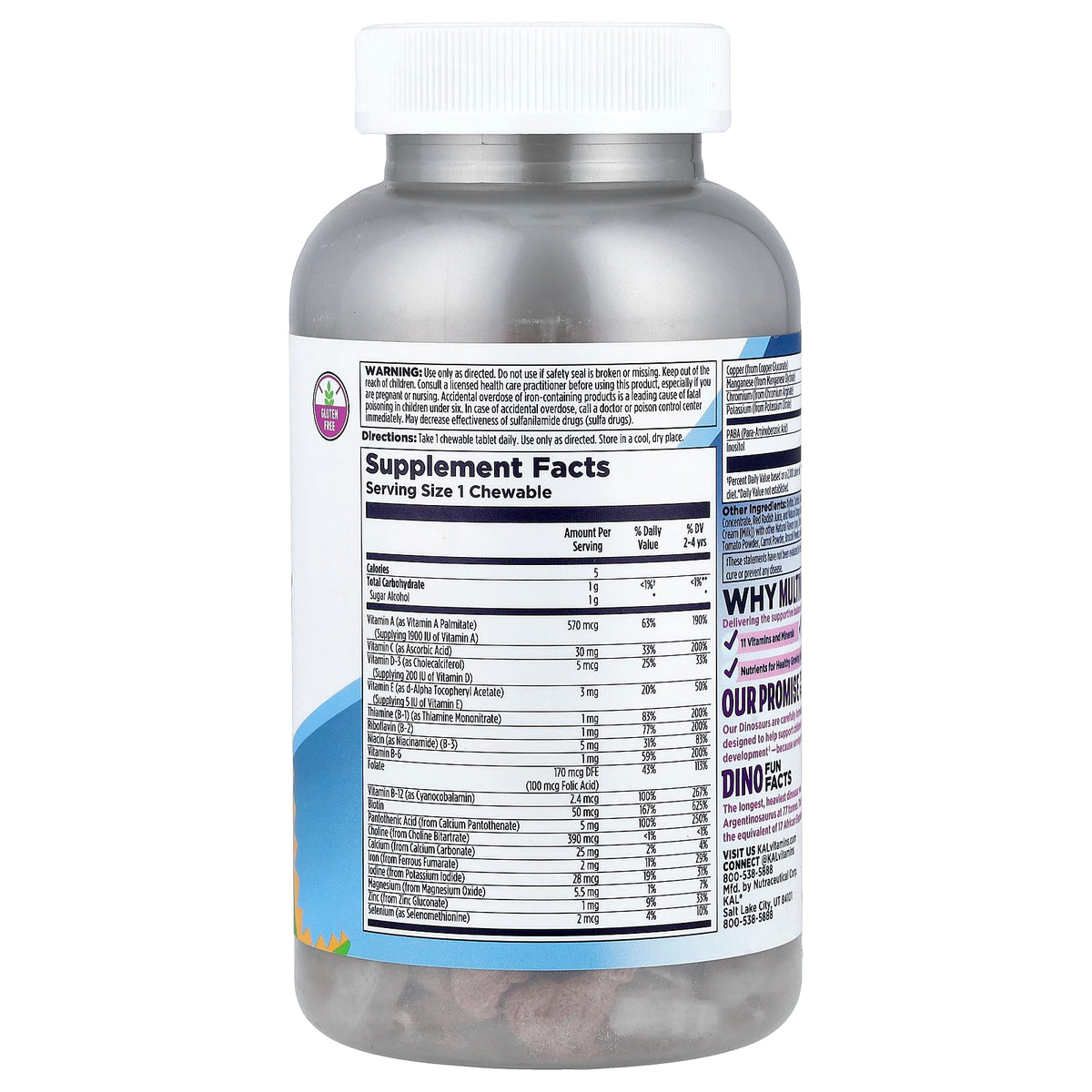 KAL MultiSaurus Kids Multivitamin, Berry, Grape & Orange, 180 Chewables — alternate product view