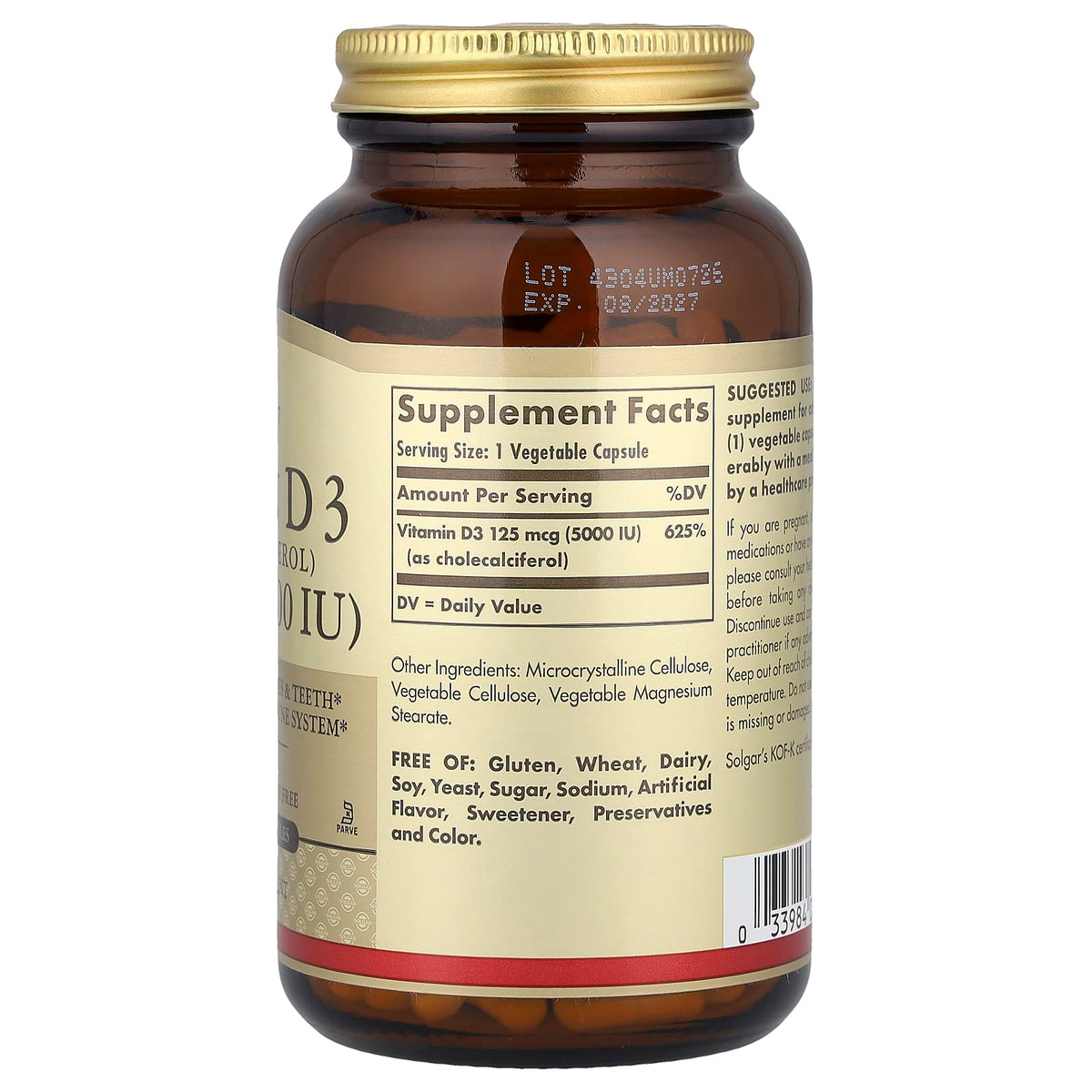 Solgar Vitamin D3 (Cholecalciferol), 125 mcg (5,000 IU), 240 Vegetable Capsules - view 2