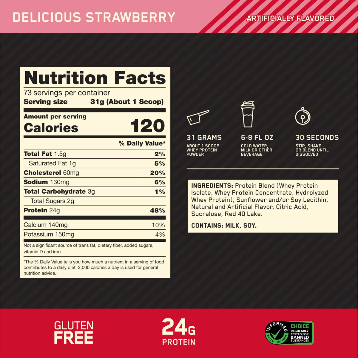 Optimum Nutrition Gold Standard 100% Whey Protein, Strawberry, 2.26 kg (5 lb) - view 3