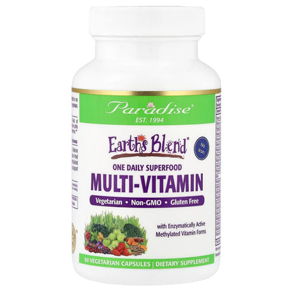 Paradise Herbs Earth's Blend One Daily Superfood Multi, No Iron, 60 Capsules