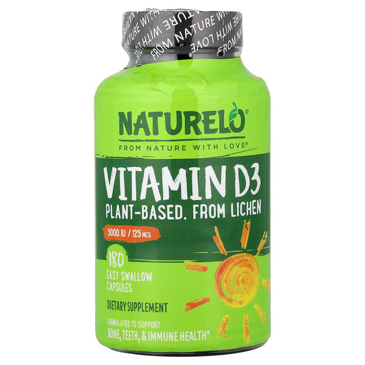 NATURELO Vitamin D3, 125 mcg (5,000 IU), 180 Easy Swallow Capsules