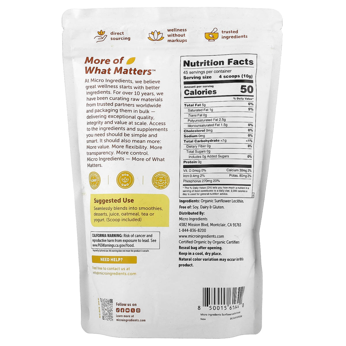 Micro Ingredients Organic Sunflower Lecithin Powder, 454 g (1 lb) — alternate product view