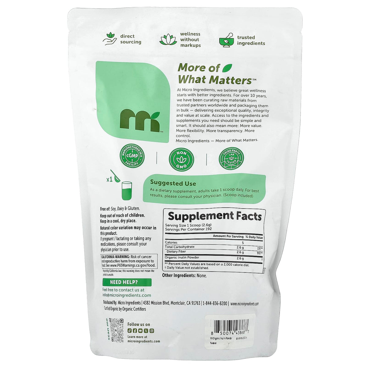 Micro Ingredients Organic Inulin Powder Unflavoured 500 g (1.1 lb) — alternate product view