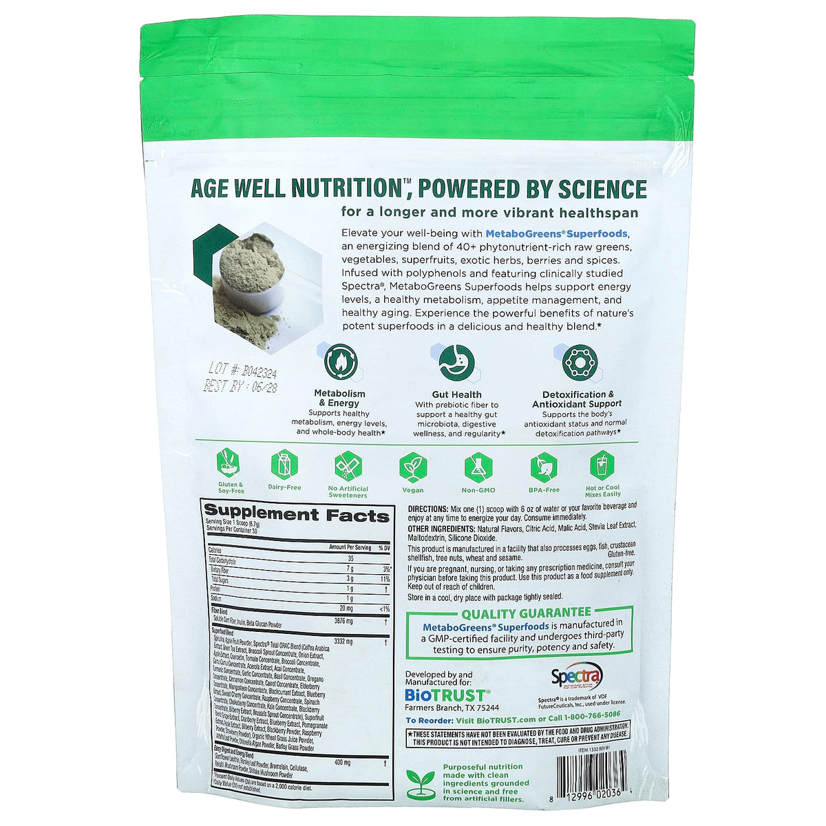 BioTRUST Metabogreens Superfoods, Energising Berry, 9.2 oz (261 g) — alternate product view