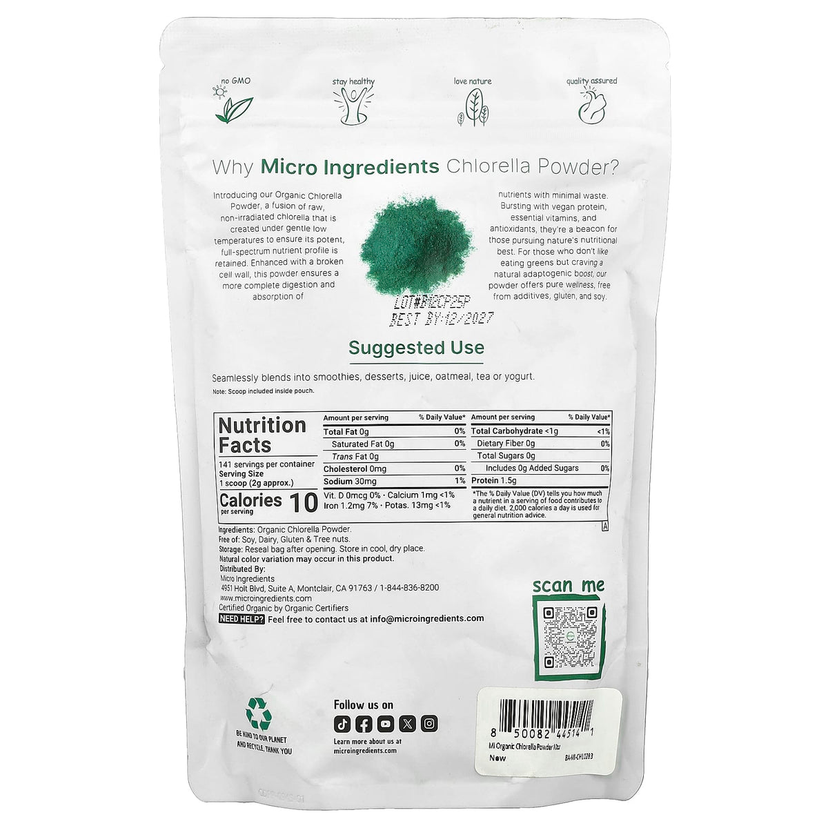 Micro Ingredients Organic Chlorella Powder, 283 g (10 oz) - view 2