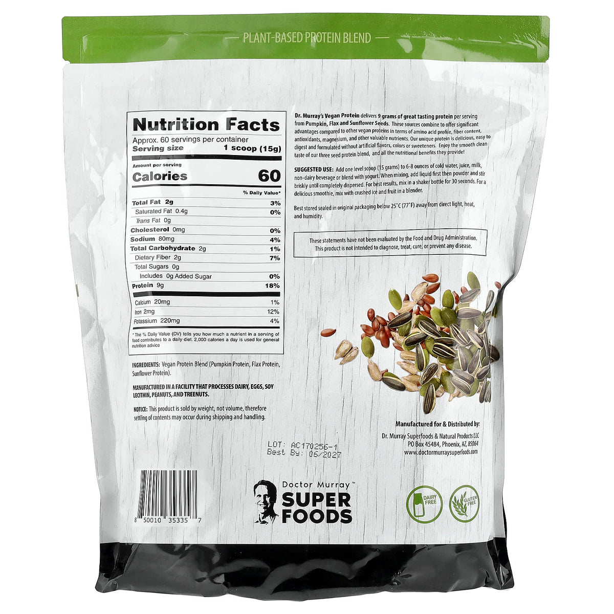 Dr. Murray's 3 Seed Protein Powder, Pumpkin Flax Sunflower, Unflavoured, 908 g (32 oz) — alternate product view