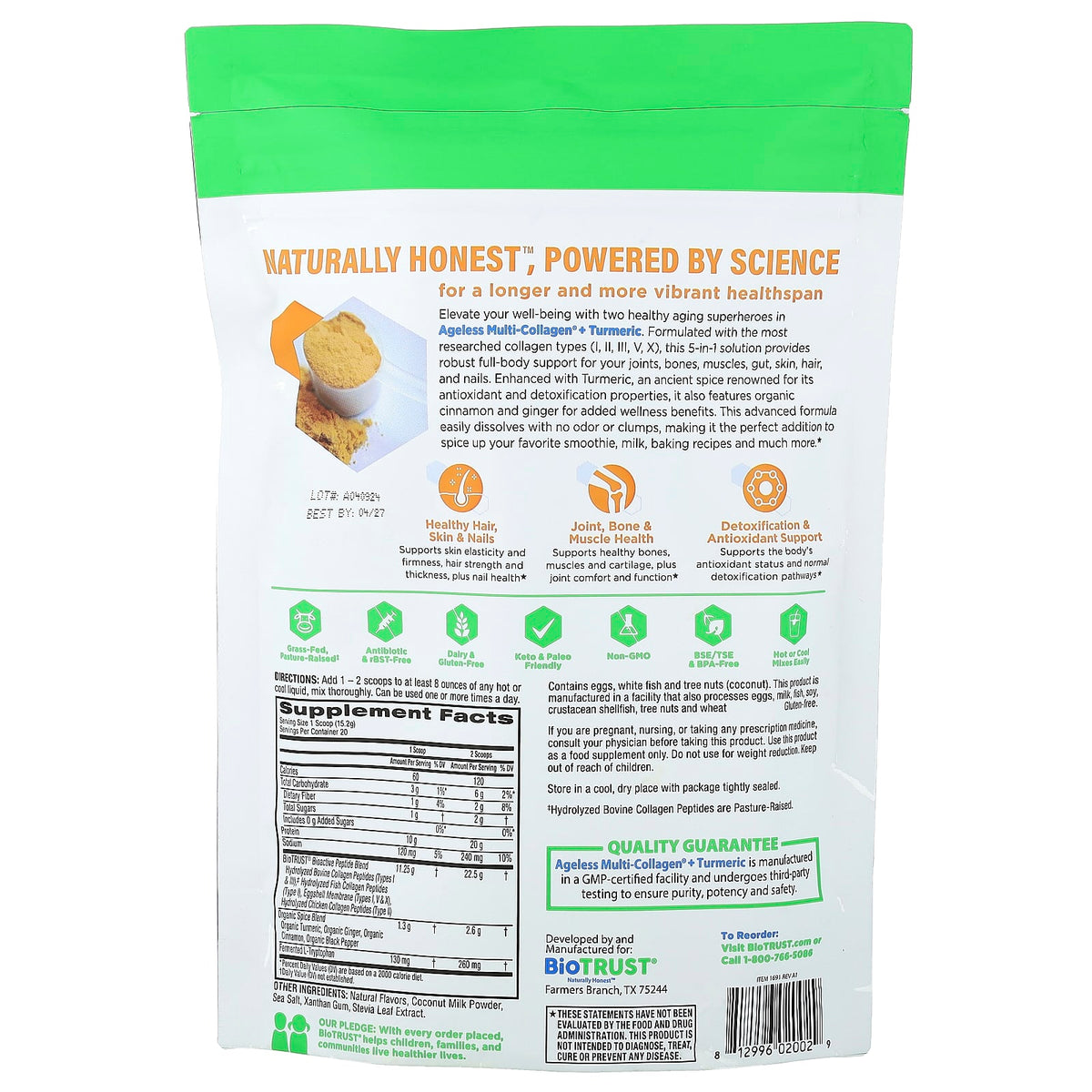 BioTRUST Ageless Multi-Collagen + Turmeric, Golden Milk, 10.7 oz (304 g) - view 2