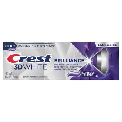 Crest 3D White Brilliance Luminous Purple Teeth Whitening Toothpaste, 4.6 Oz Pack of 3, Anticavity Fluoride Toothpaste, 100% More Surface Stain Removal, 24 Hour Active Stain Prevention