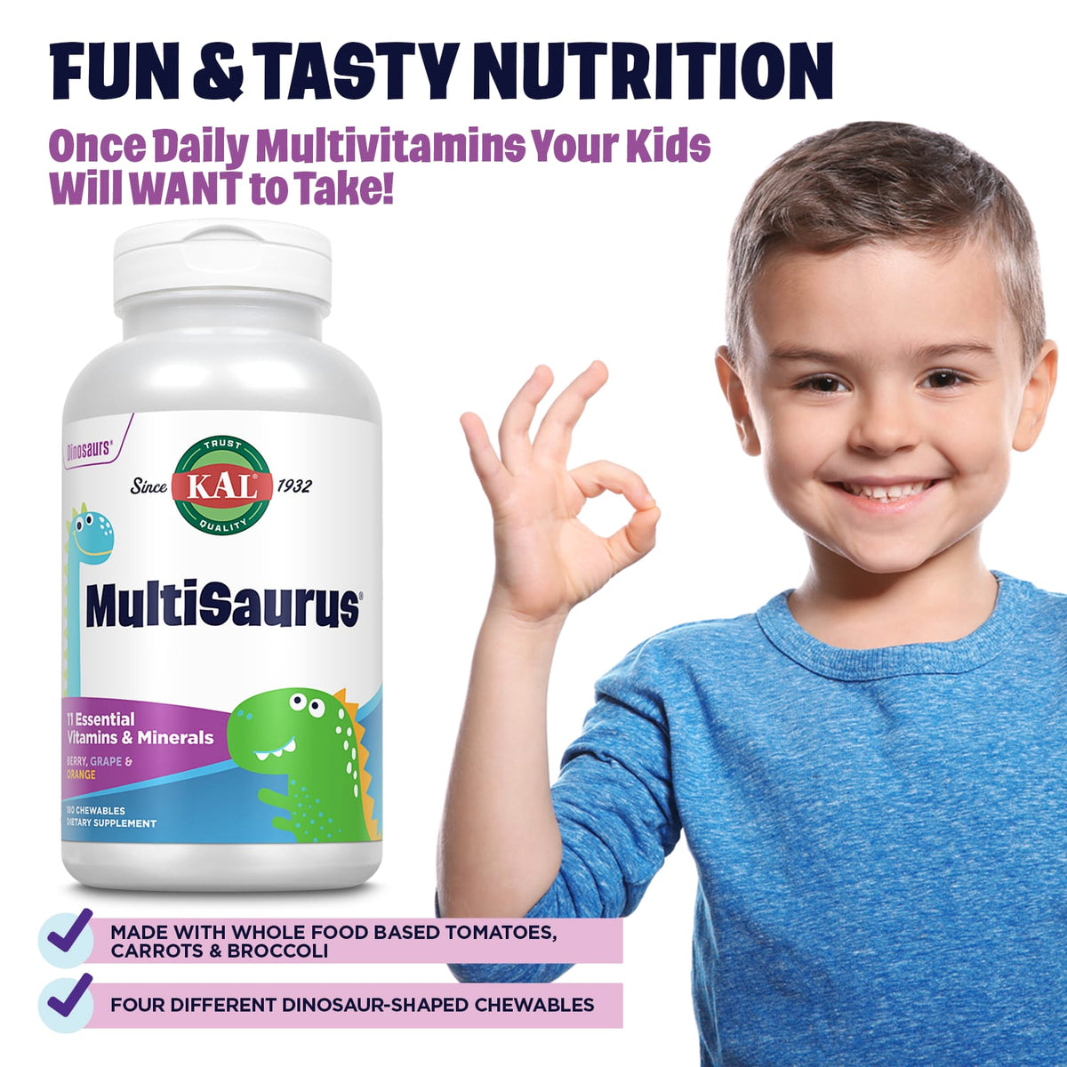 KAL MultiSaurus Kids Multivitamin, Berry, Grape & Orange, 180 Chewables - view 4
