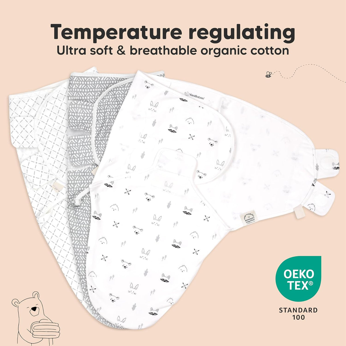 KeaBabies Organic Cotton Baby Swaddles, 0.5 TOG, Nordic, 0-3M, Pack of 3 - view 4