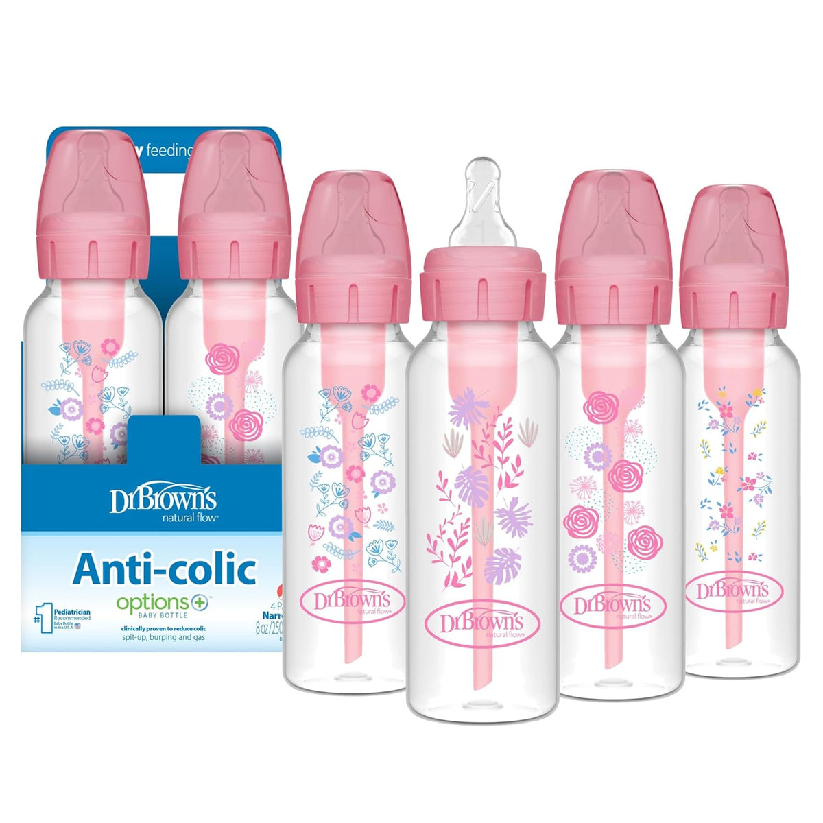 Dr. Brown's Anti-Colic Options+ Baby Bottles 8 oz (240 ml), Floral, Pack of 4 — product view