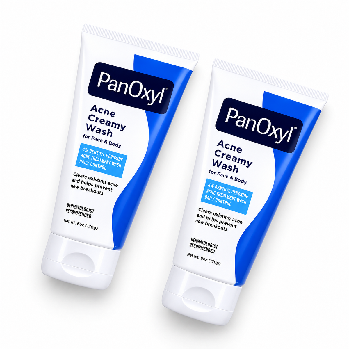 PanOxyl Acne Creamy Wash 4% twin pack with two tubes on white