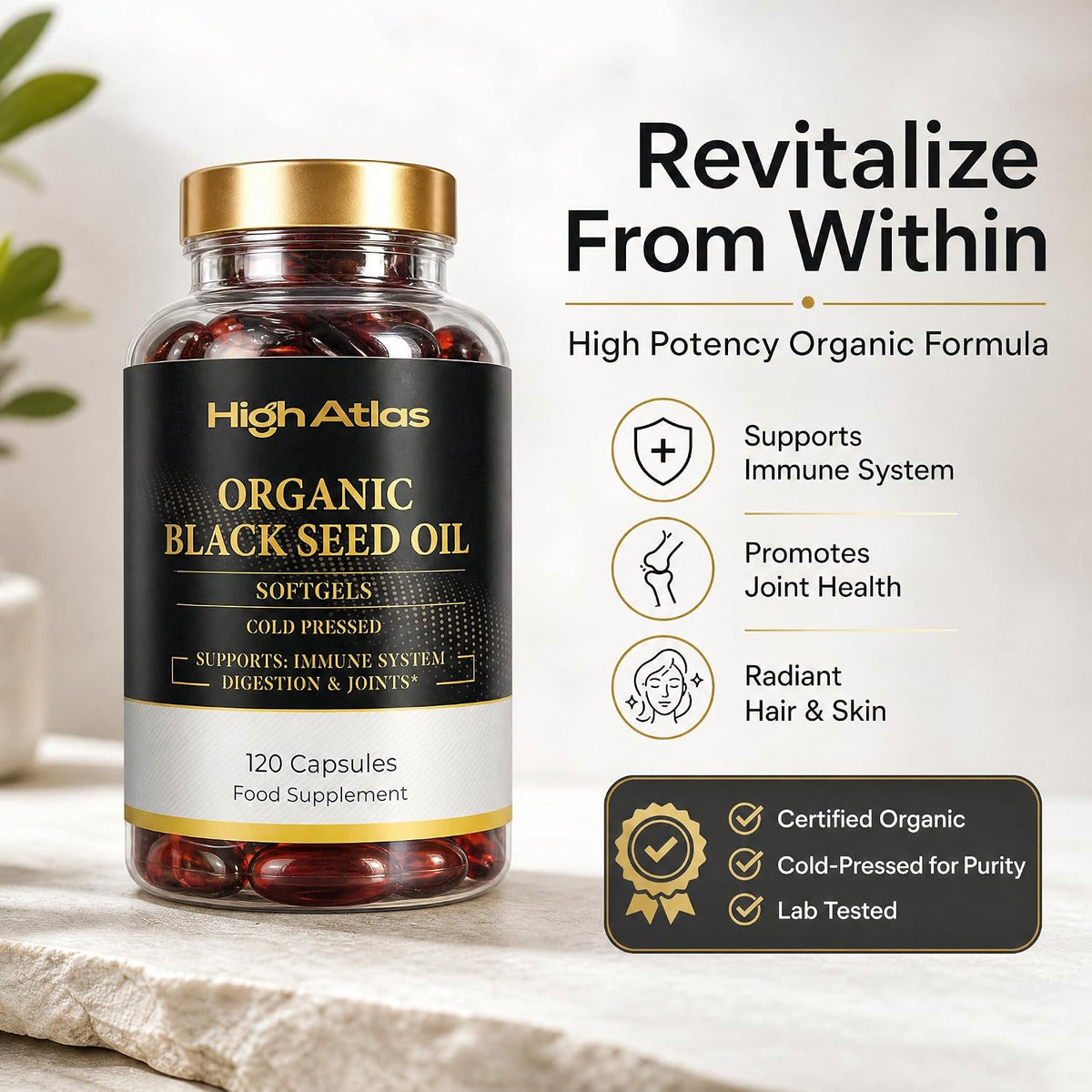 HighAtlas Organic Black Seed Oil 120 Softgels (2000 mg Per Serving) — alternate product view