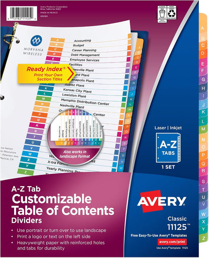Avery A-Z Table of Contents Dividers, 26-Tab, Multicolour, 1 Set