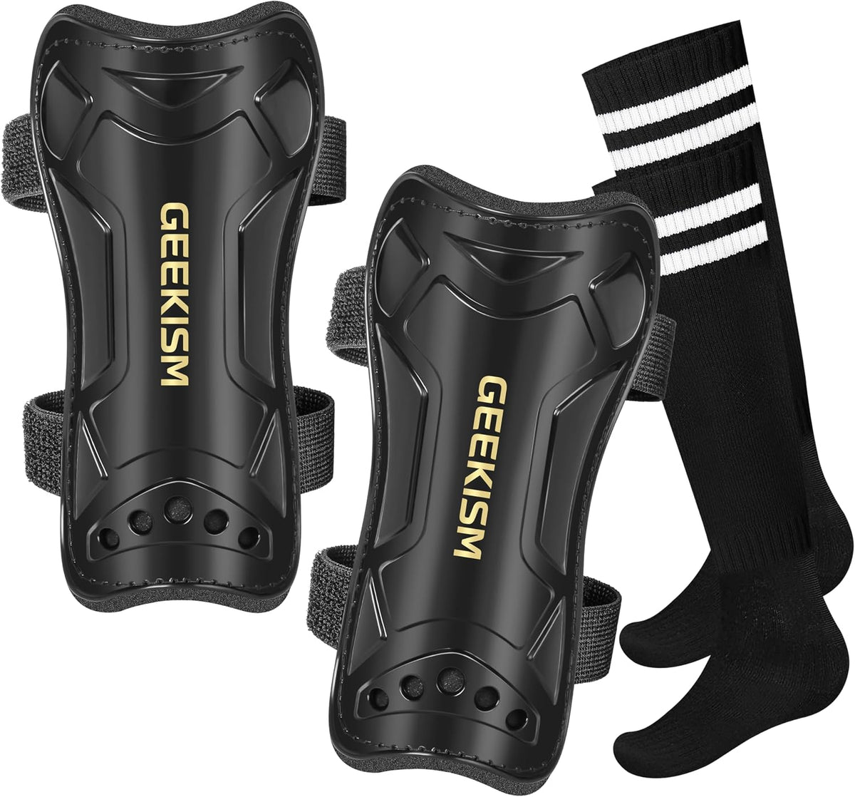 Geekism Soccer Shin Guards for Kids with Socks, Double Straps, Black, Medium