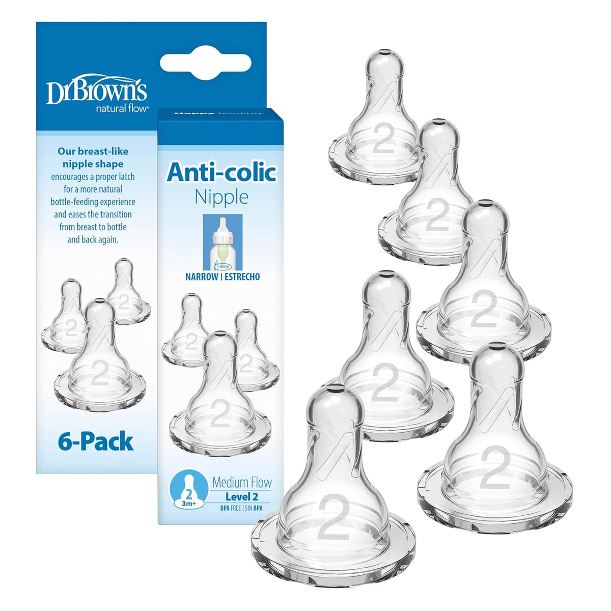 Dr. Brown's Narrow Level 2 Teats 3m+, Pack of 6
