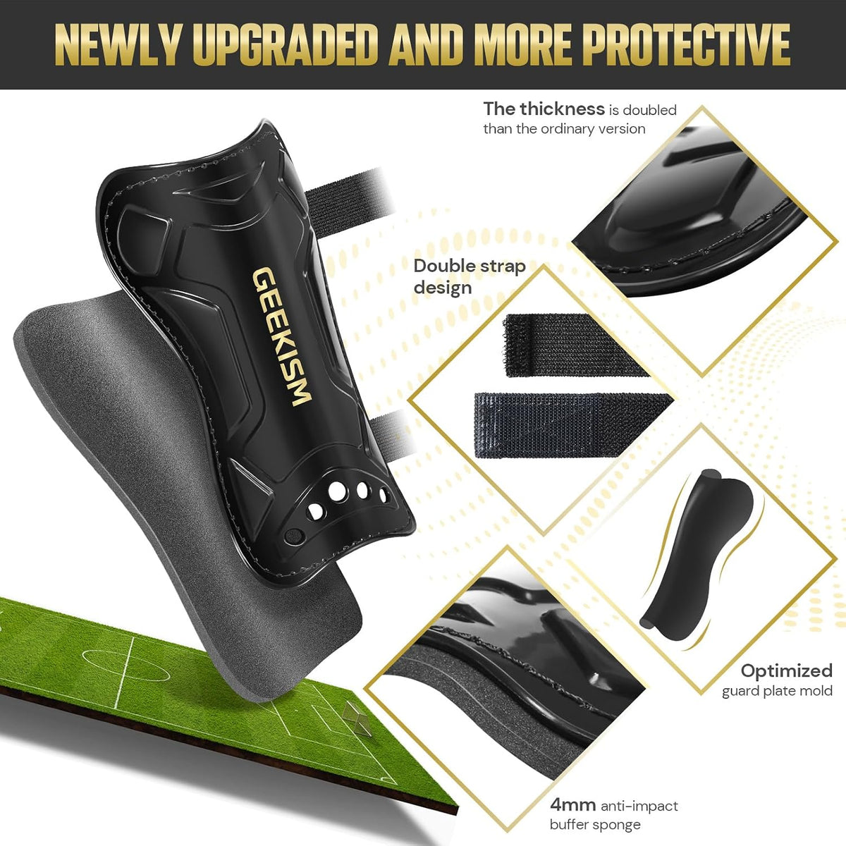 Geekism Youth Football Shin Guards with Socks, Double Strap, Black, Size S - view 5
