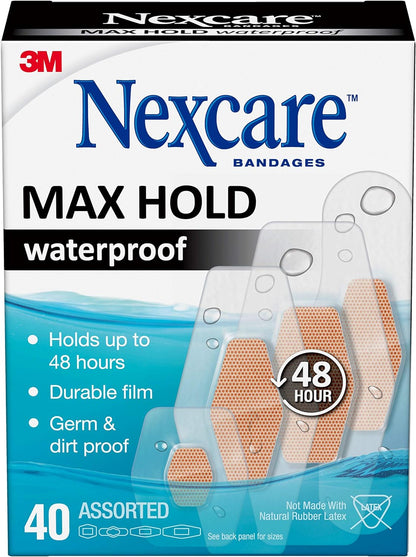 Nexcare Max Hold Waterproof Bandages, Clear, Assorted, 40 Count