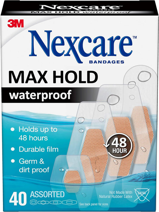 Nexcare Max Hold Waterproof Bandages, Clear, Assorted, 40 Count