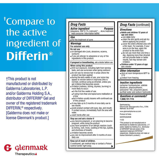 Glenmark Adapalene Gel 0.1% Acne Treatment — Paraben-Free Retinoid for Face | 15g