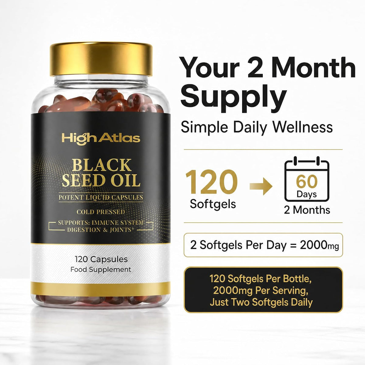 HighAtlas Organic Black Seed Oil 120 Softgels (2000 mg Per Serving) - view 4
