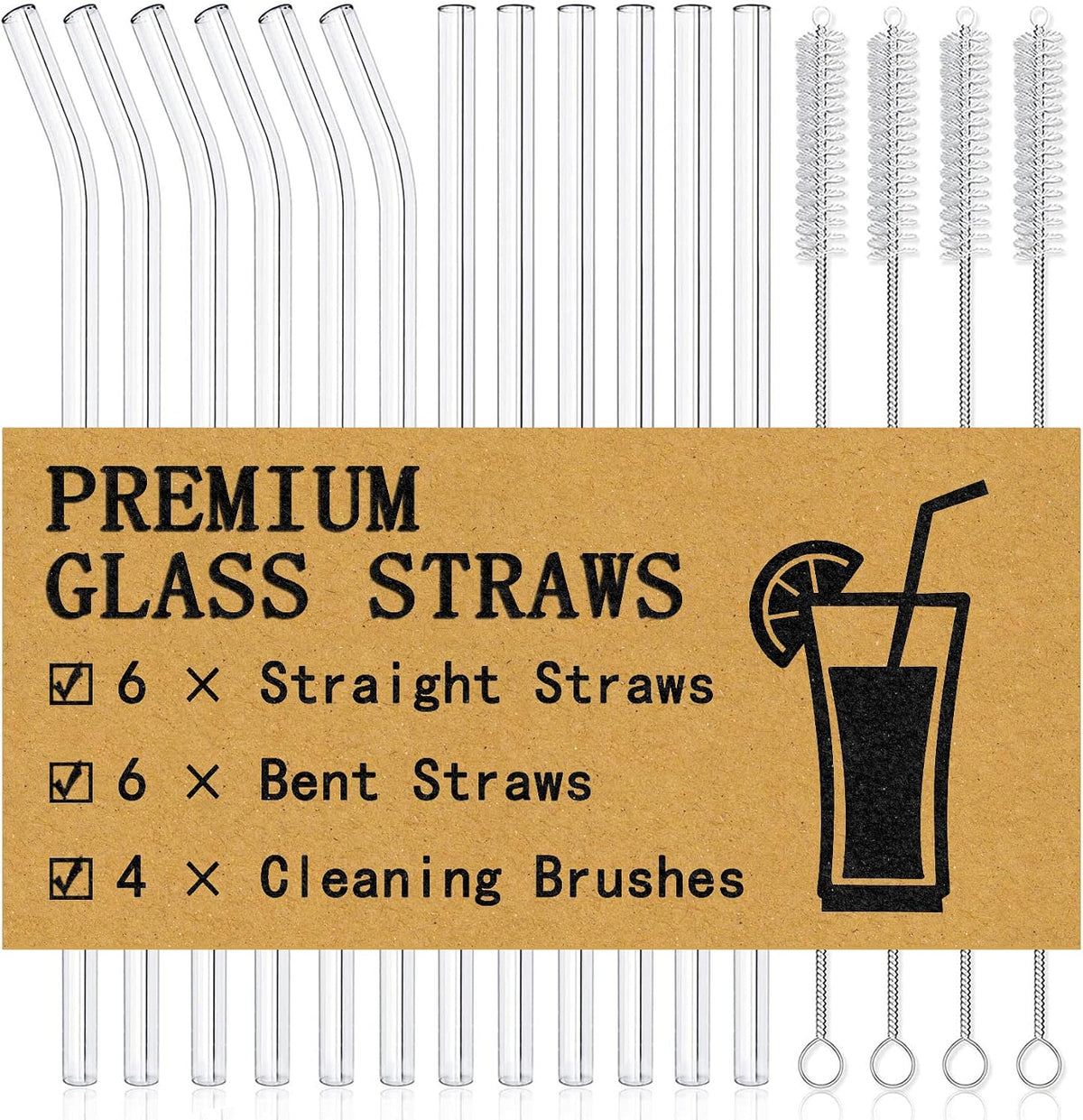 Piteno Reusable Glass Straws, 12 Pack with 4 Cleaning Brushes, 8.5 Inch — product view