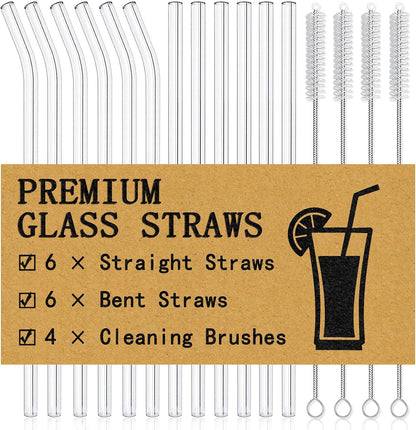 Piteno Reusable Glass Straws, 12 Pack with 4 Cleaning Brushes, 8.5 Inch