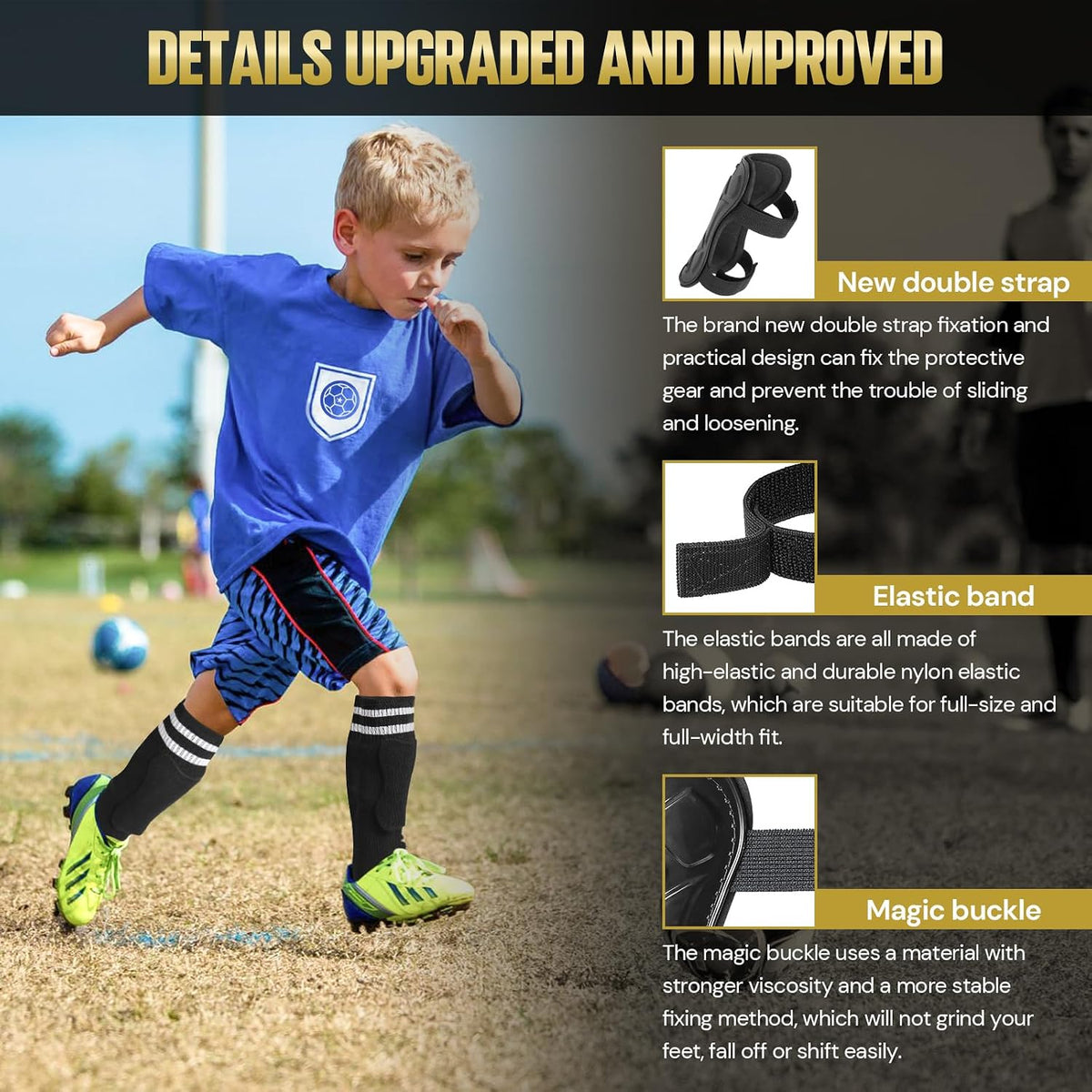 Geekism Soccer Shin Guards for Kids with Socks, Double Straps, Black, Medium - view 4